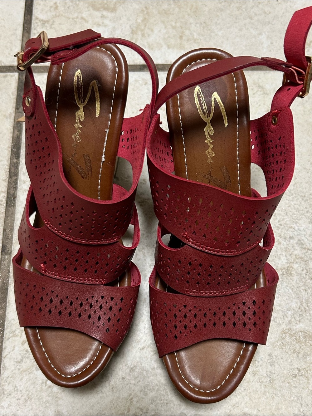 Seven7 Burgundy Perforated Strappy Heels